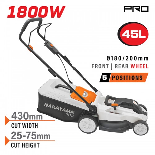  Χλοοκοπτική Ηλεκτρική 1800W, Κοπή 43cm, Κάδος 45L, Ρύθμιση 5 Θέσεων (25-75mm) NAKAYAMA EM4021