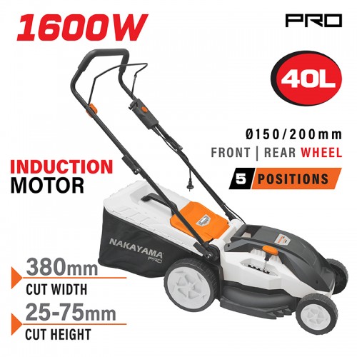 Χλοοκοπτική Ηλεκτρική 1600W με Επαγωγικό Μοτέρ, Κοπή 38cm,Κάδος 40L,Ρύθμιση 5 Θέσεων NAKAYAMA EM4016 